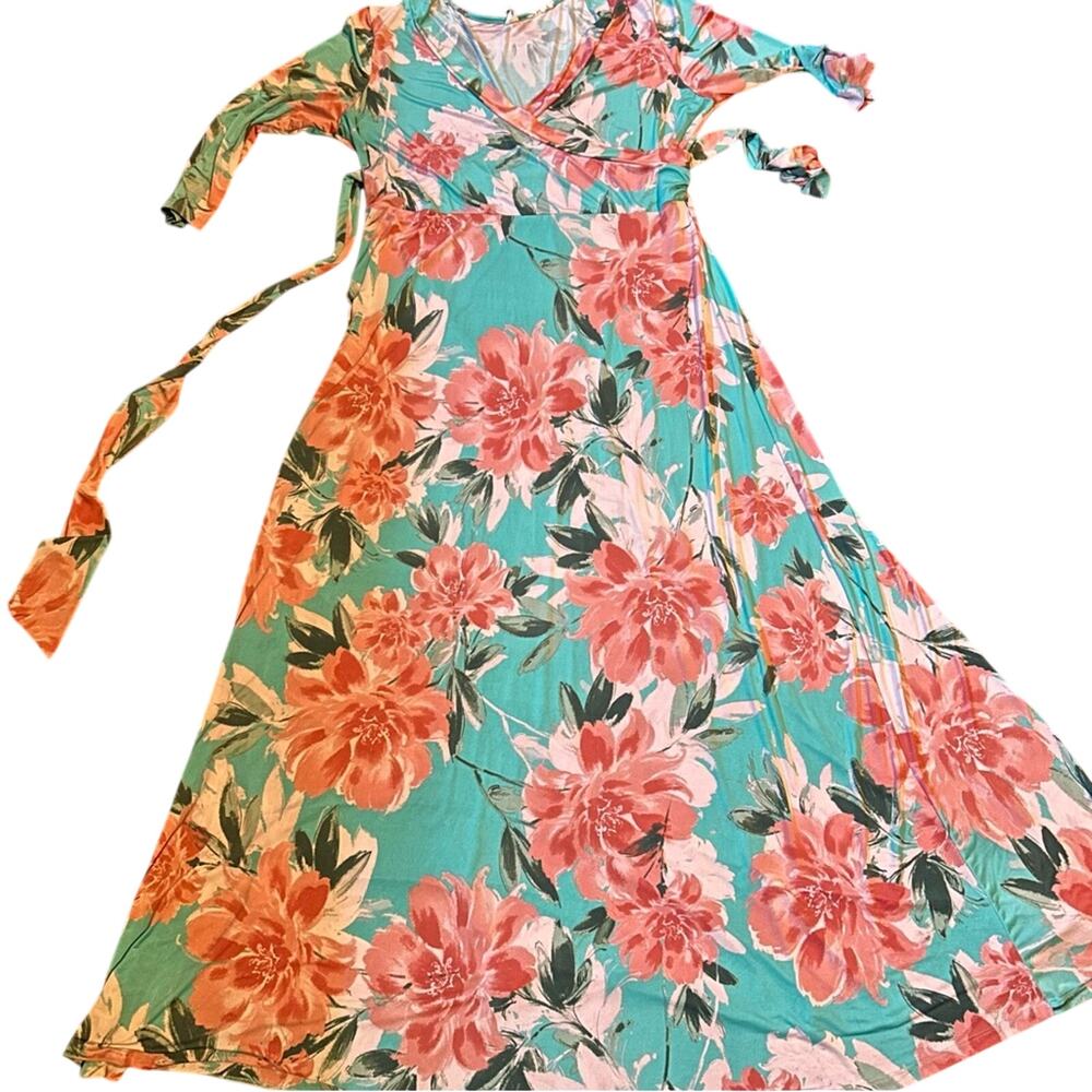 Pink Blue Floral Wrap Maxi Dress Plus Size 3X Stretchy Belted Easter Wedding